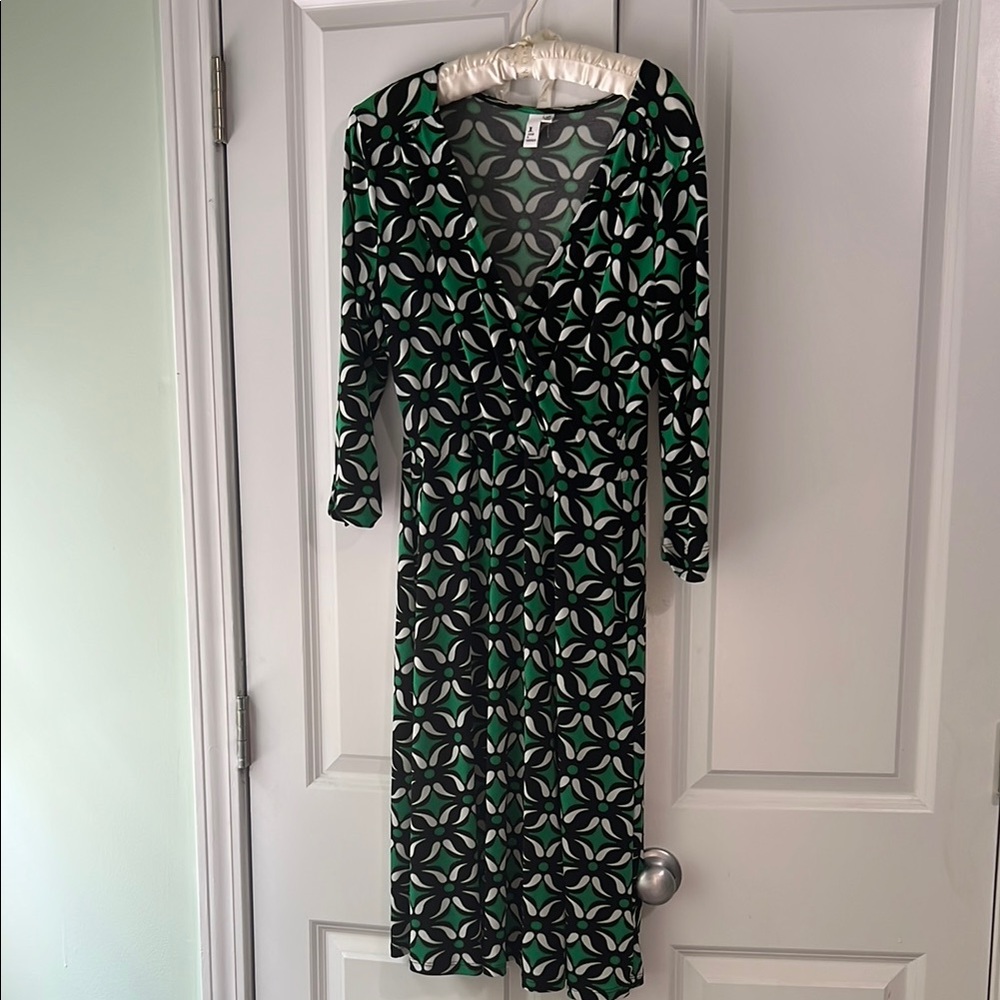 Jules & Leopold Black Green V-Neck 3/4 sleeve faux wrap dress Sz extra small